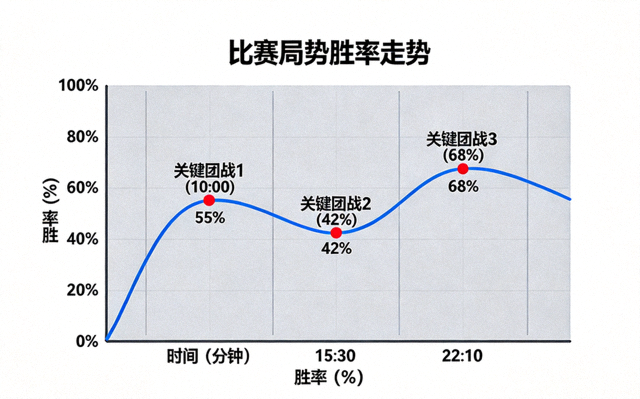 比赛局势胜率走势曲线图，展示关键团战前后的胜率波动