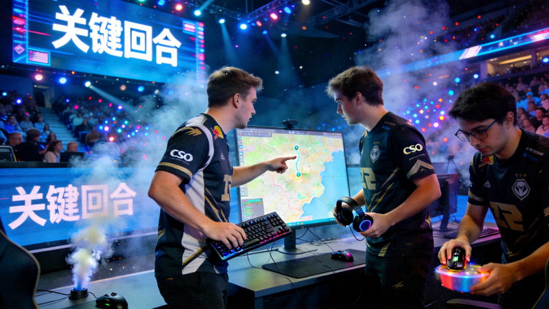 CSGO职业比赛现场，选手在关键回合进行投掷物点位配合
