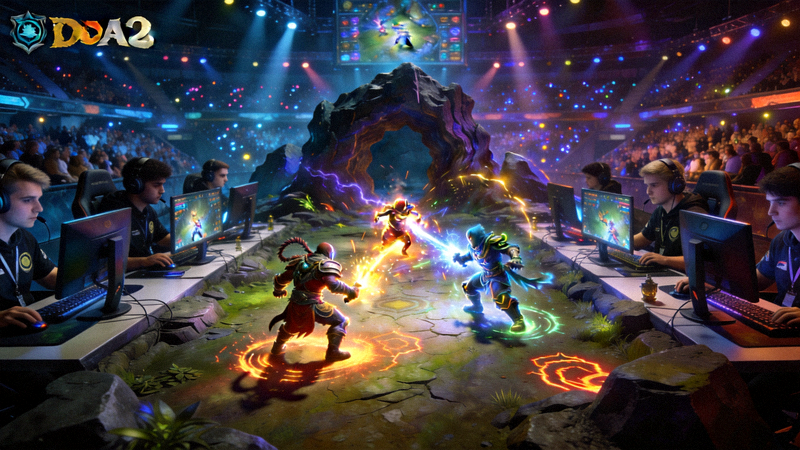 DOTA2国际邀请赛现场，双方战队围绕肉山巢穴展开团战