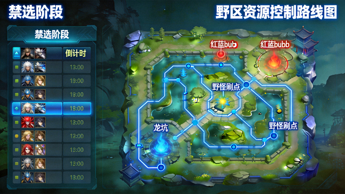 战术动态拆解沙盘界面，展示禁选阶段与野区资源控制路线图